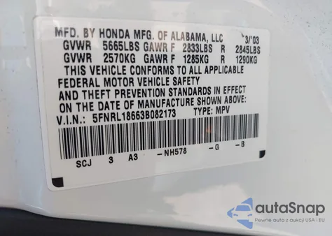 2003 Honda Odyssey Ex из США, поврежденный, VIN 5FNRL18663B082173